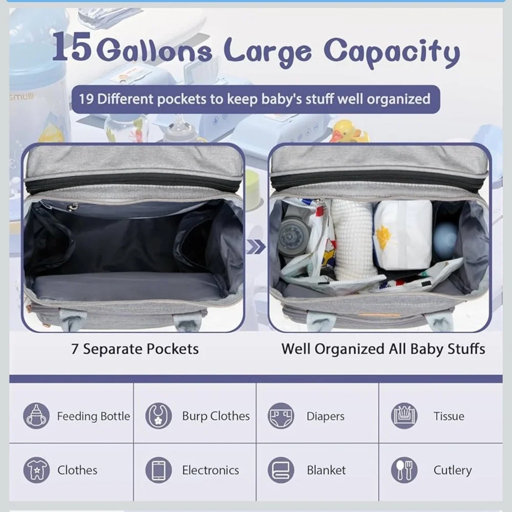 Baby‎ Diaper Bag Backpack - 7-in 1-Gray